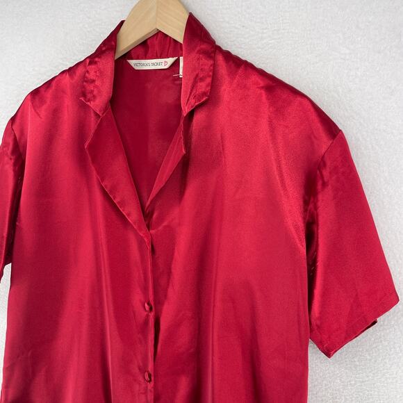 VICTORIA SECRET Top XS Satin Pajama Sleep Shirt Button Up Short Sleeve Red - Picture 6 of 12